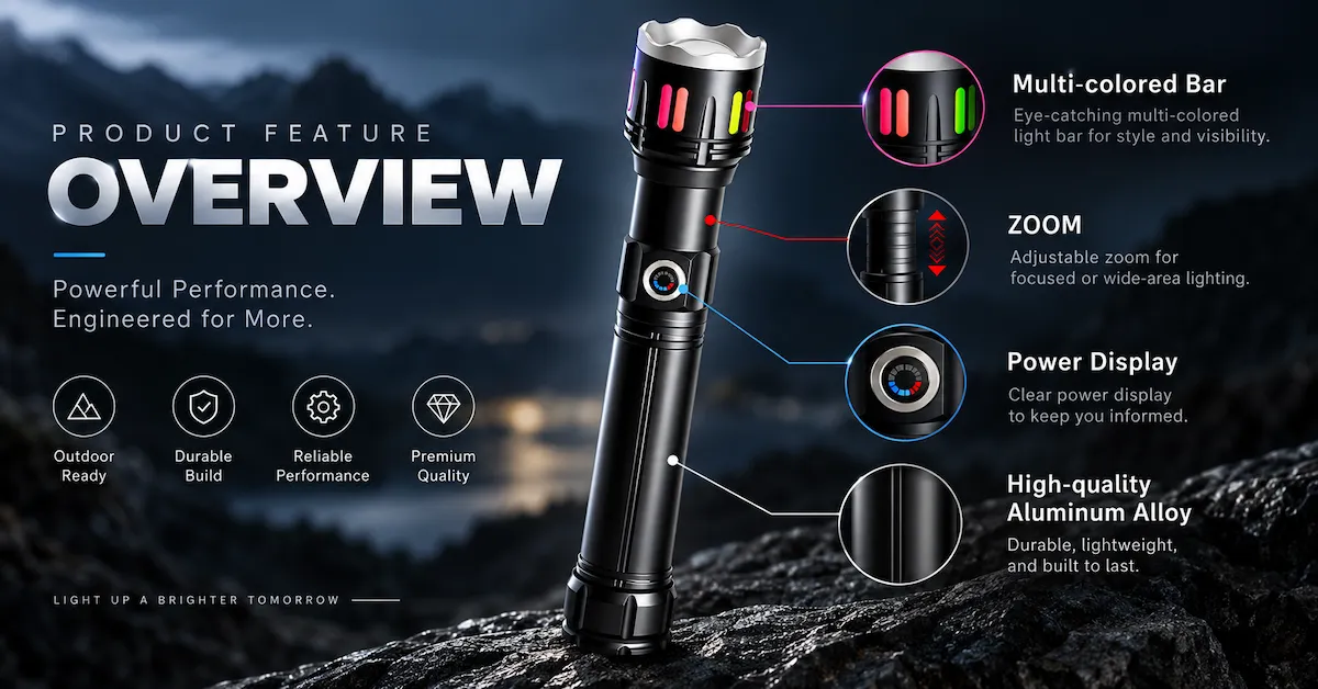 Flashlight features with zoom and power display