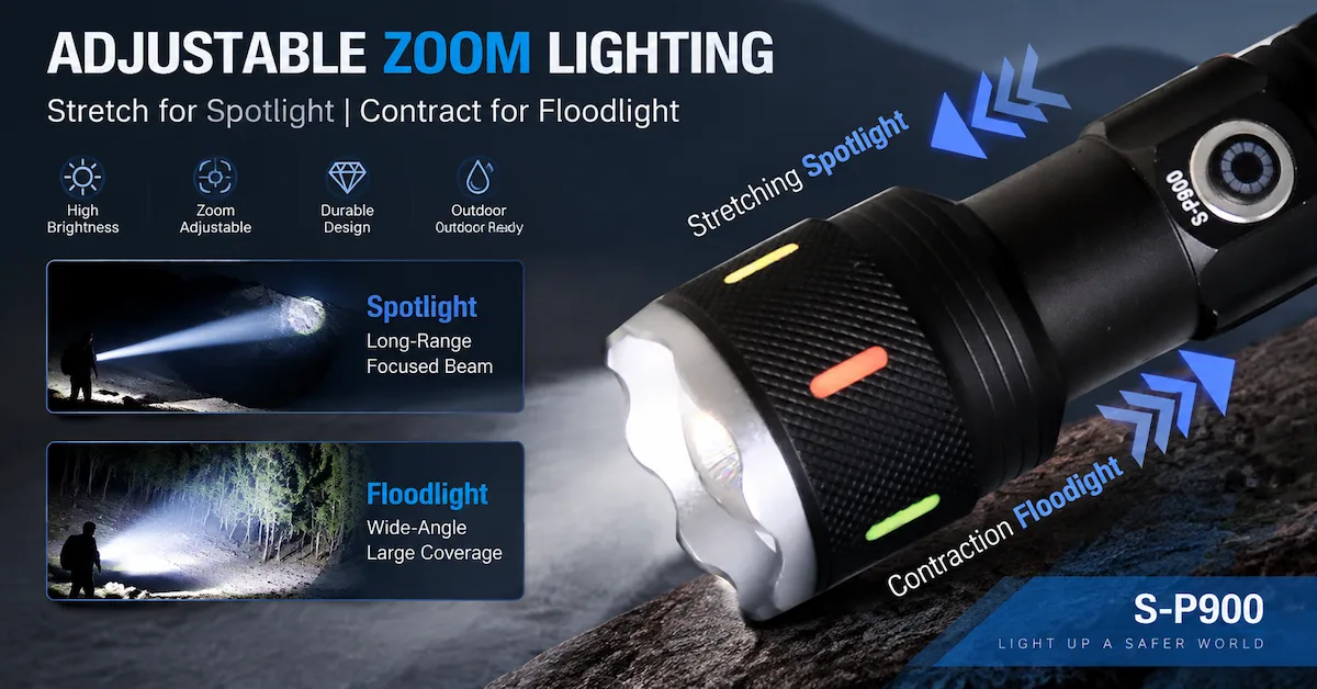 Adjustable zoom tactical flashlight beam modes